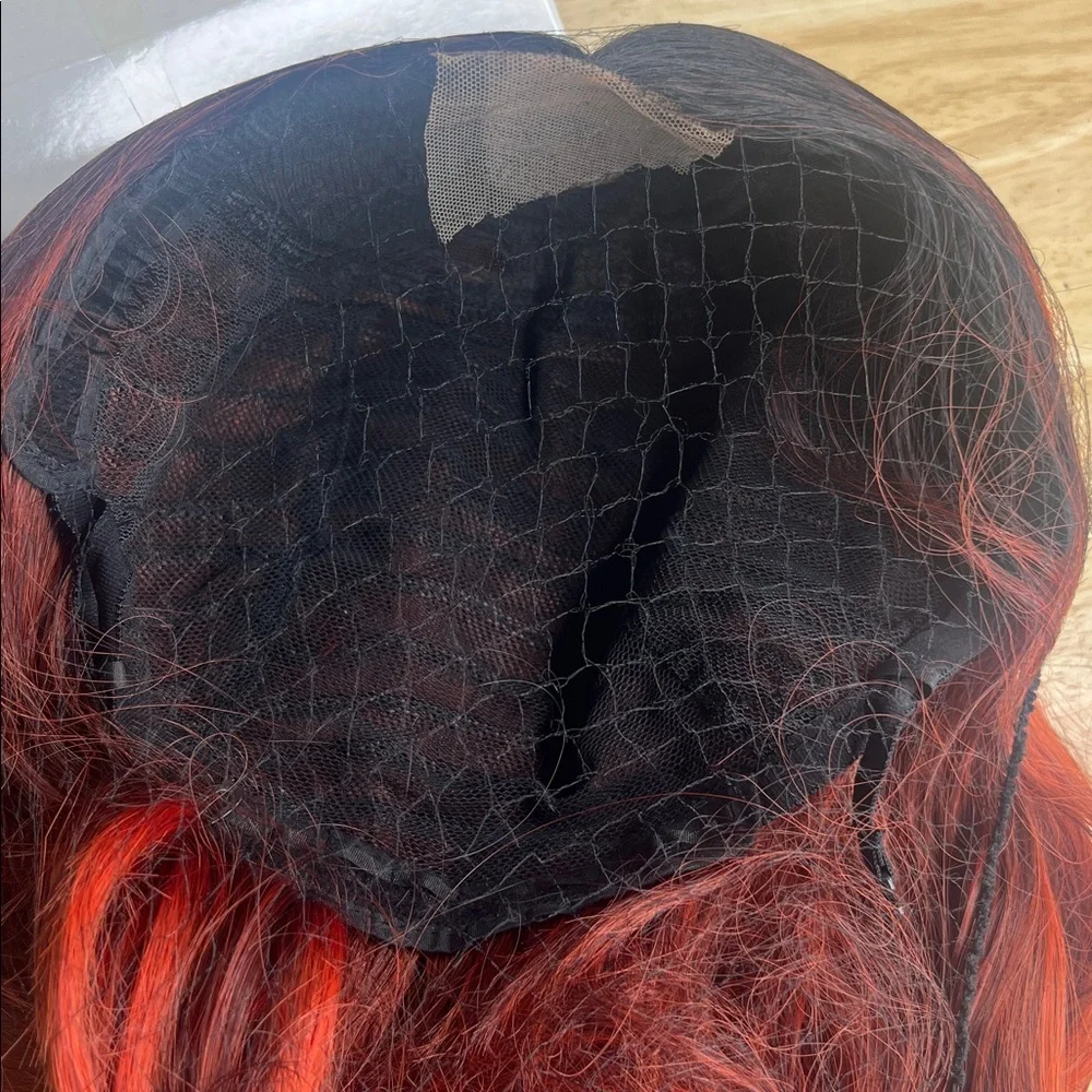 Long Red Wavy Wig 26 Inch Ombre Red Middle Part Curly Synthetic Hair Wig